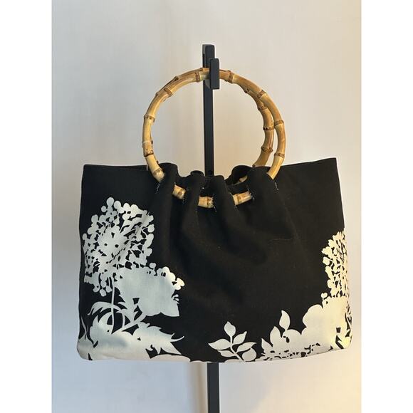 Banana Republic Bamboo Handle Black & Cream Canvas Top Handle Handbag - Picture 4 of 16